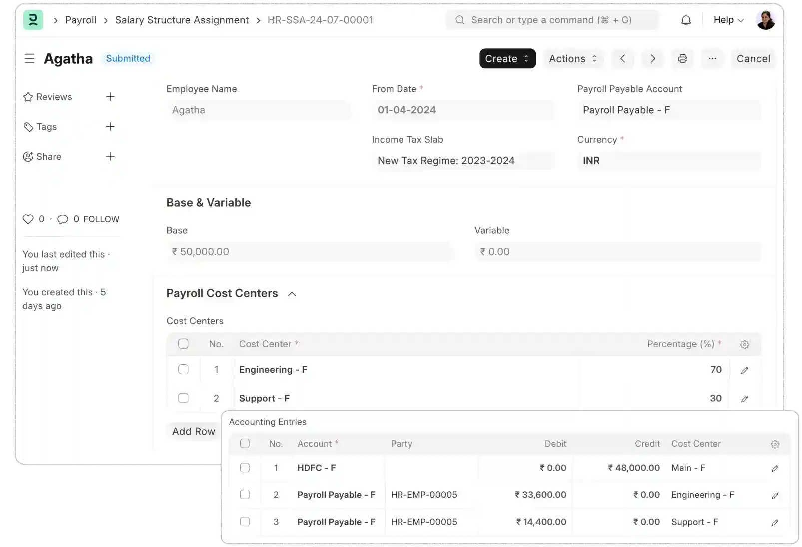 Cost center allocation interface