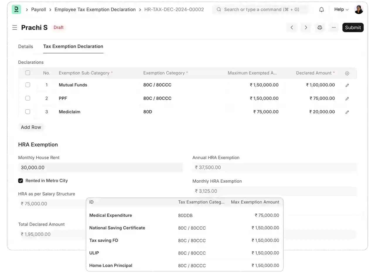 Tax exemption documentation interface